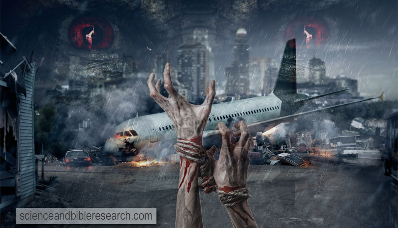 Crashed airplane (Photo by Nomadsoul1). Demonic eyes (Photo by hektor2). Bloody hands (Photo by shalunx13)